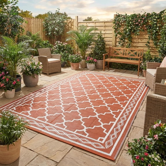10x14 Outdoor Rug Patio Stain Resistant Foldable Vintage Trellis Orange