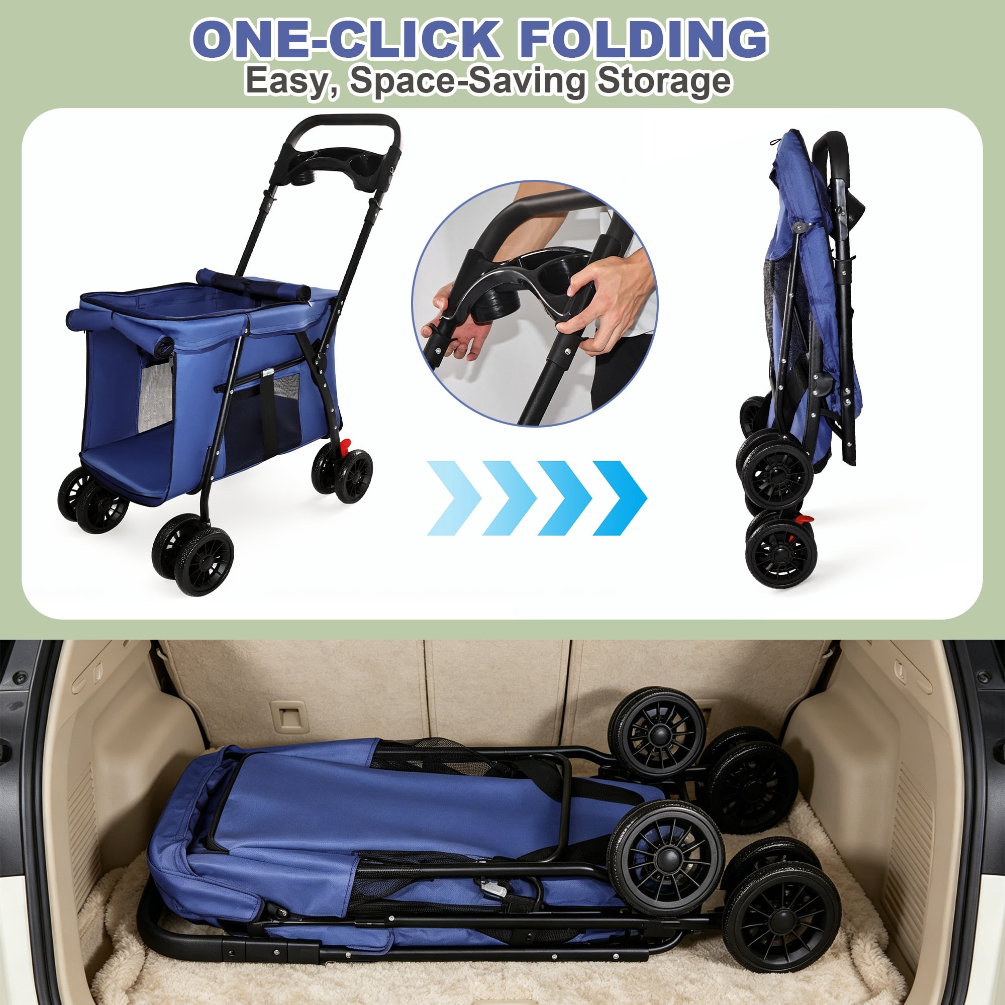 4-Wheel Folding Pet Stroller for Small Dogs and Cats, Pet Rolling Carrier with Storage Bag, Breathable Mesh & 2 Safety Leashes