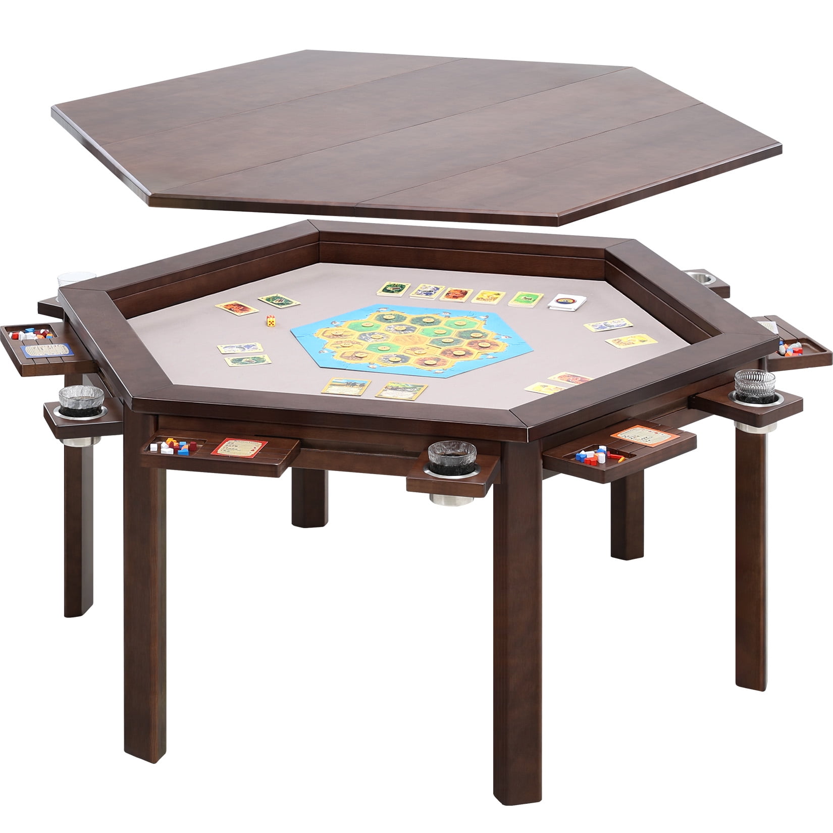 Avocahom Hexagonal Solid Wood Board Game Table for 4-6 Players,Convertible Dining Table/Game Table,Top Removable Gaming Table w/ Game Mat, 6*Cup Holders & Hobby Tray