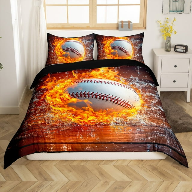 Erosebridal Housse de Couette Baseball 3D Simple, Housse de Couette Sport Moderne Simple, Ensembles de Literie Réversibles Eau de Feu Taille Simple, Décoration de Chambre en Microfibre, 2 Pcs (Sans Couette)