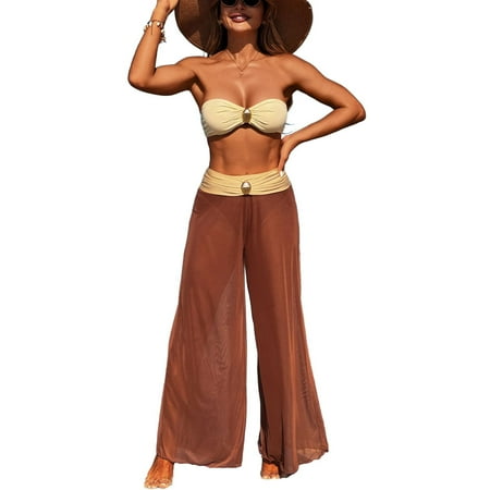 Previn Women s Backless Bath Suit 3 Piece Bikini Set Cover Up Pants Billowy Spring Break Breathable Cool Holiday Cheeky Chic Swimsuit Umber Small
