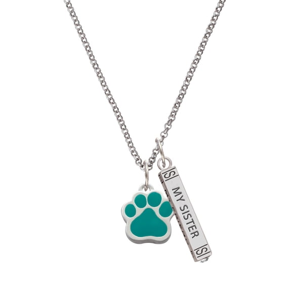 Delight Jewelry Silvertone Large Teal Paw Silvertone Always My Sister Bar Charm Necklace, 23"