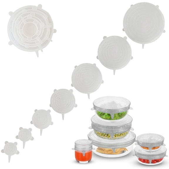 DIY.STORE 7 Pack Reusable Silicone Lids – Versatile Freezer to Microwave Cover for Food – Leak-Proof Silicone Stretch Lids for 3” - 15” Container, Bowl, or Cup – Dishwasher Safe Silicone Bowl Covers