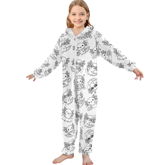 JOOGOO Fantasy Axolotl Pattern Unisex Onesie Pajamas Jumpsuit Kids One-Piece Hooded Sleepwear 7-8T