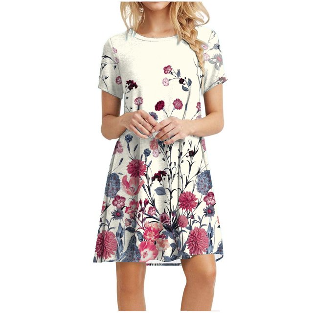 Vestido suelto casual de manga corta con estampado floral y estampado de girasol para mujer Pompotops ghjkhdj10755