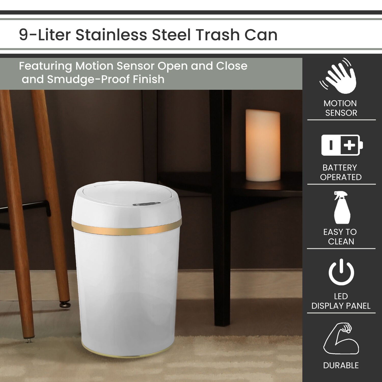 Hanover 9 Liter - 2.3 Gallon Trash Can for Home and Kitchen | Fingerprint Smudge Resistant | Soft Close | Sensor Lid | White
