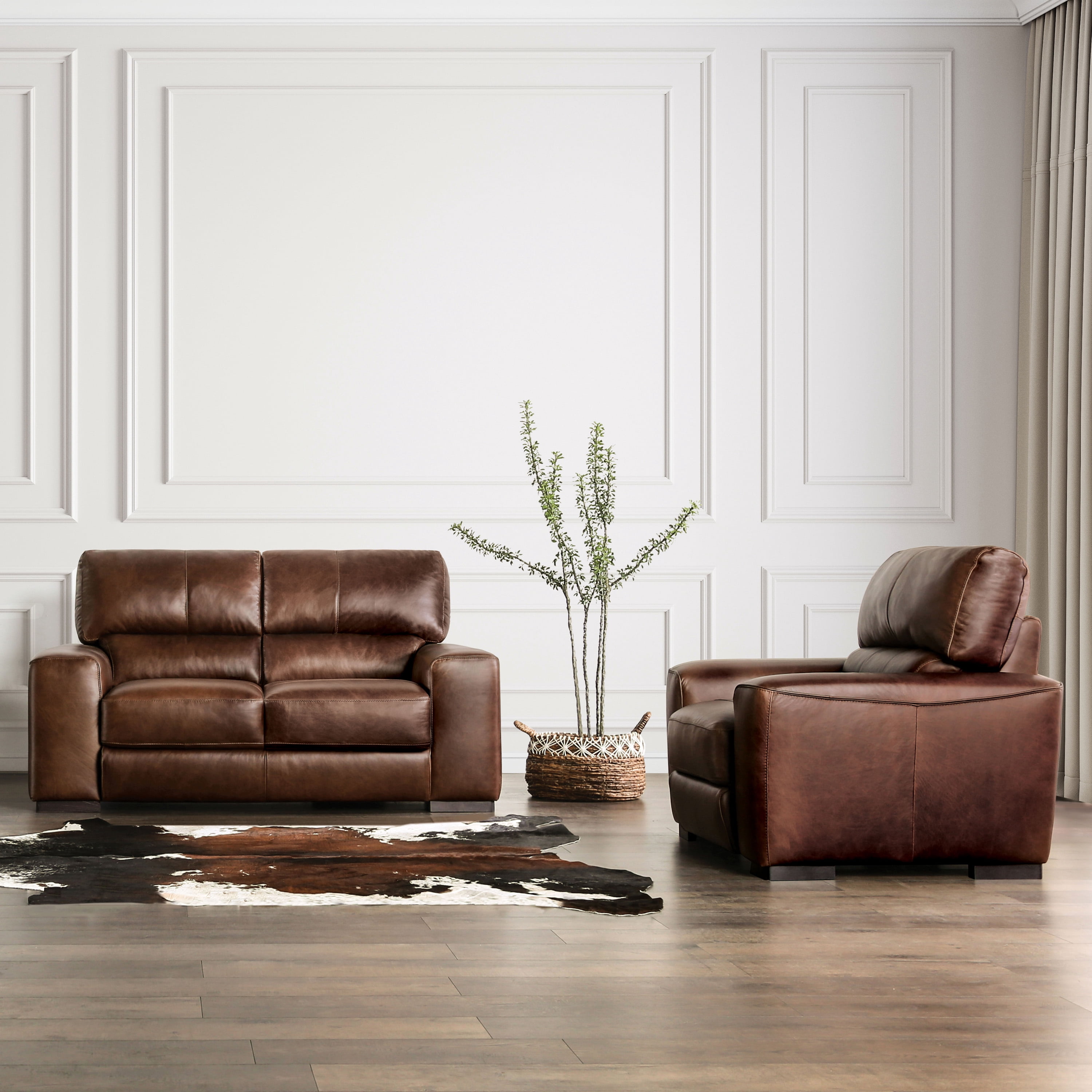 Furniture of America Copell Transitional Leather Upholstered Indoor Loveseat, Cognac