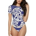 thumbnail image 1 of Fotbe Blue And White Porcelain Pattern Body de Mujer con Cuello Redondo y Mangas Cortas, Sin Mangas Ajustado, Suave, Cómodo y Básico-X-Large, 1 of 7