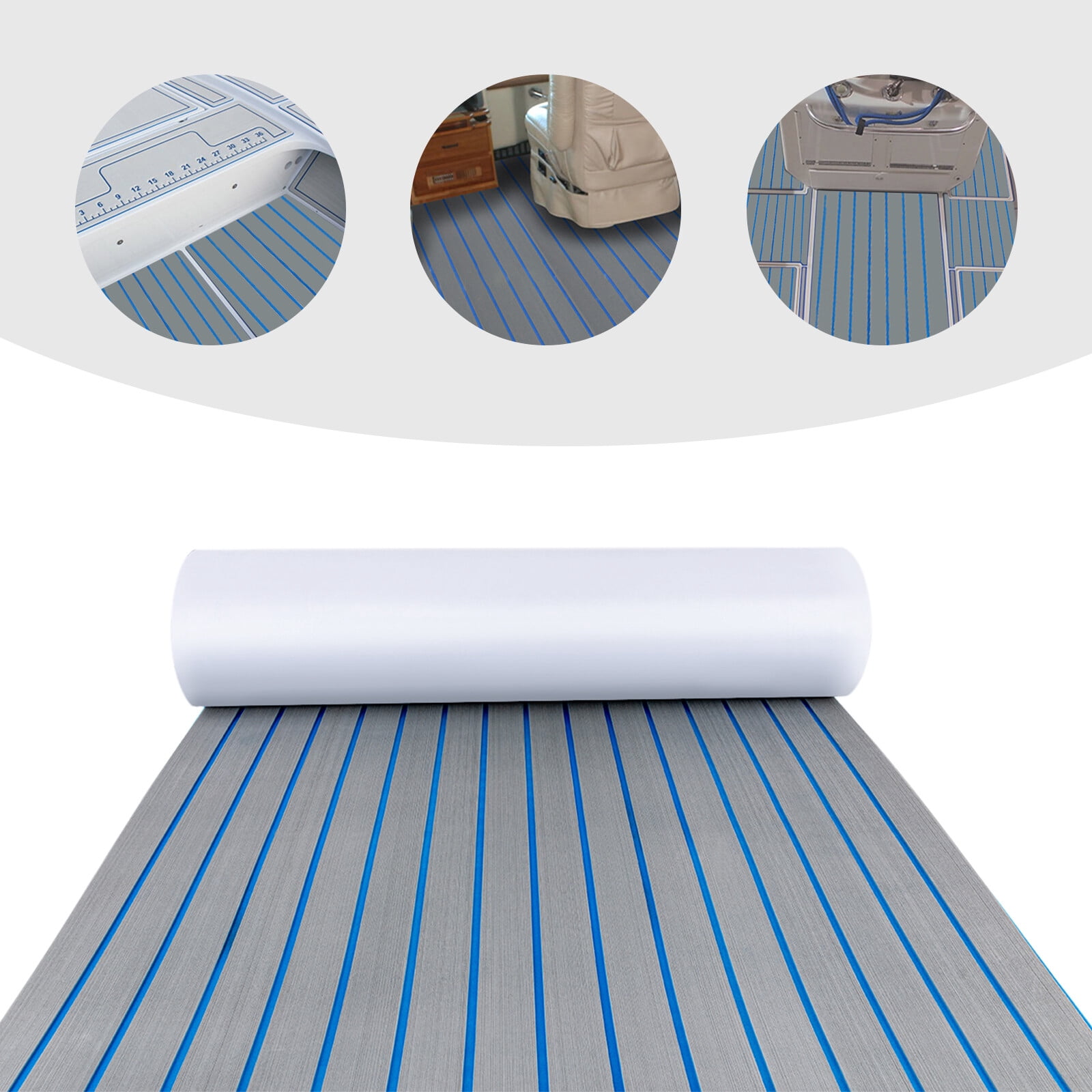 ToppiJoy 95*35.5inch EVA Foam Teak Sheet Marine Flooring Yacht Boat Decking Board Canoe Golf Cart RV Flooring Self-Adhesive Pad, Light Grey with Blue Seam