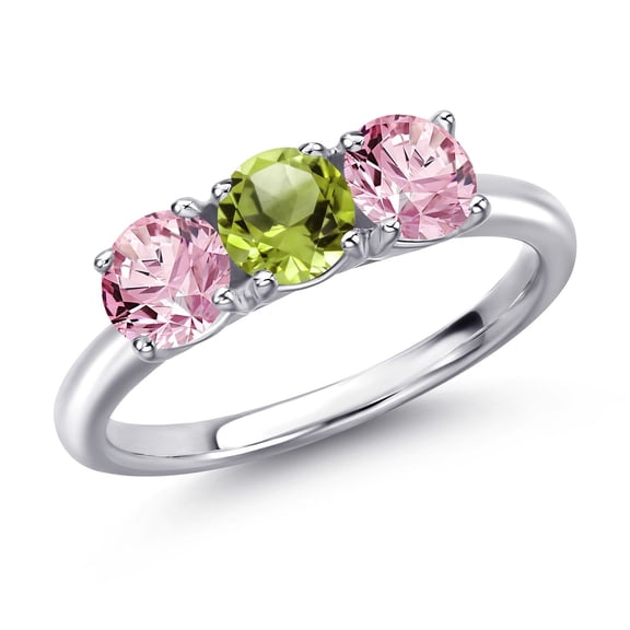 Gem Stone King 925 Sterling Silver Green Peridot and Pink Lab Grown Diamond Engagement Ring for Women | 1.55 Cttw | Round 5MM | Gemstone August Birthstone | Size 8