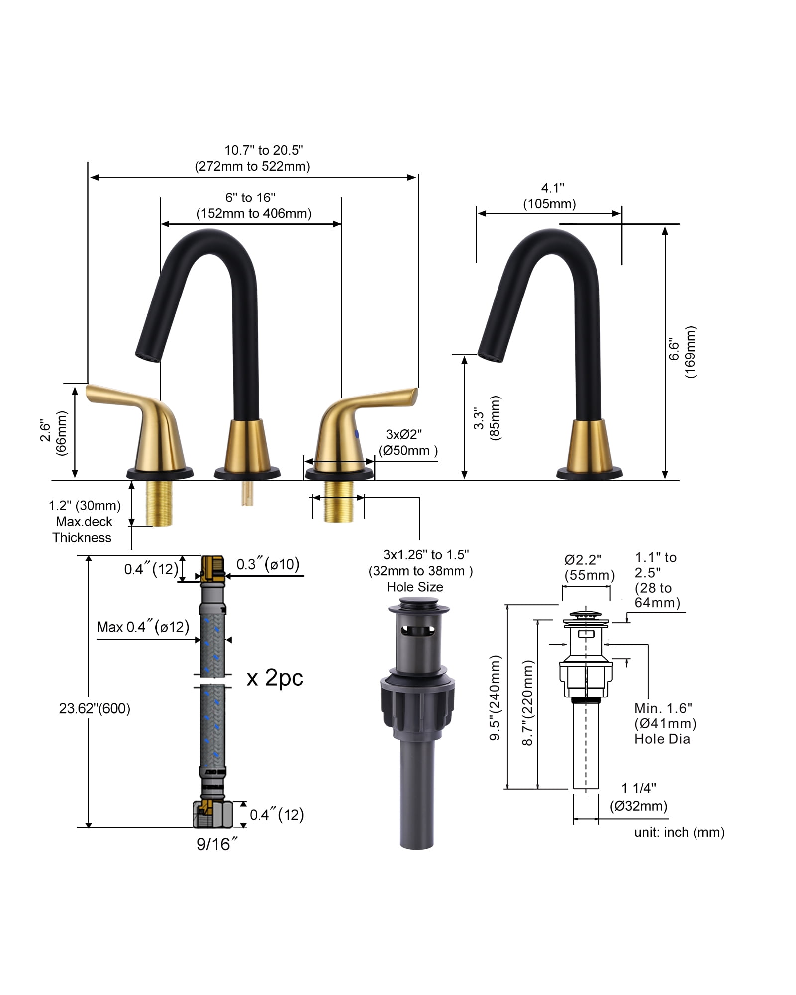WOWOW Widespread Bathroom Faucets for Sink 3 Hole Black & Gold, 8 inch Bathroom Faucet with Pop Up Drain Assembly and Water Supply Lines 2 Handle 360° Swivel Spout Basin Faucets for Vanity Lavatory
