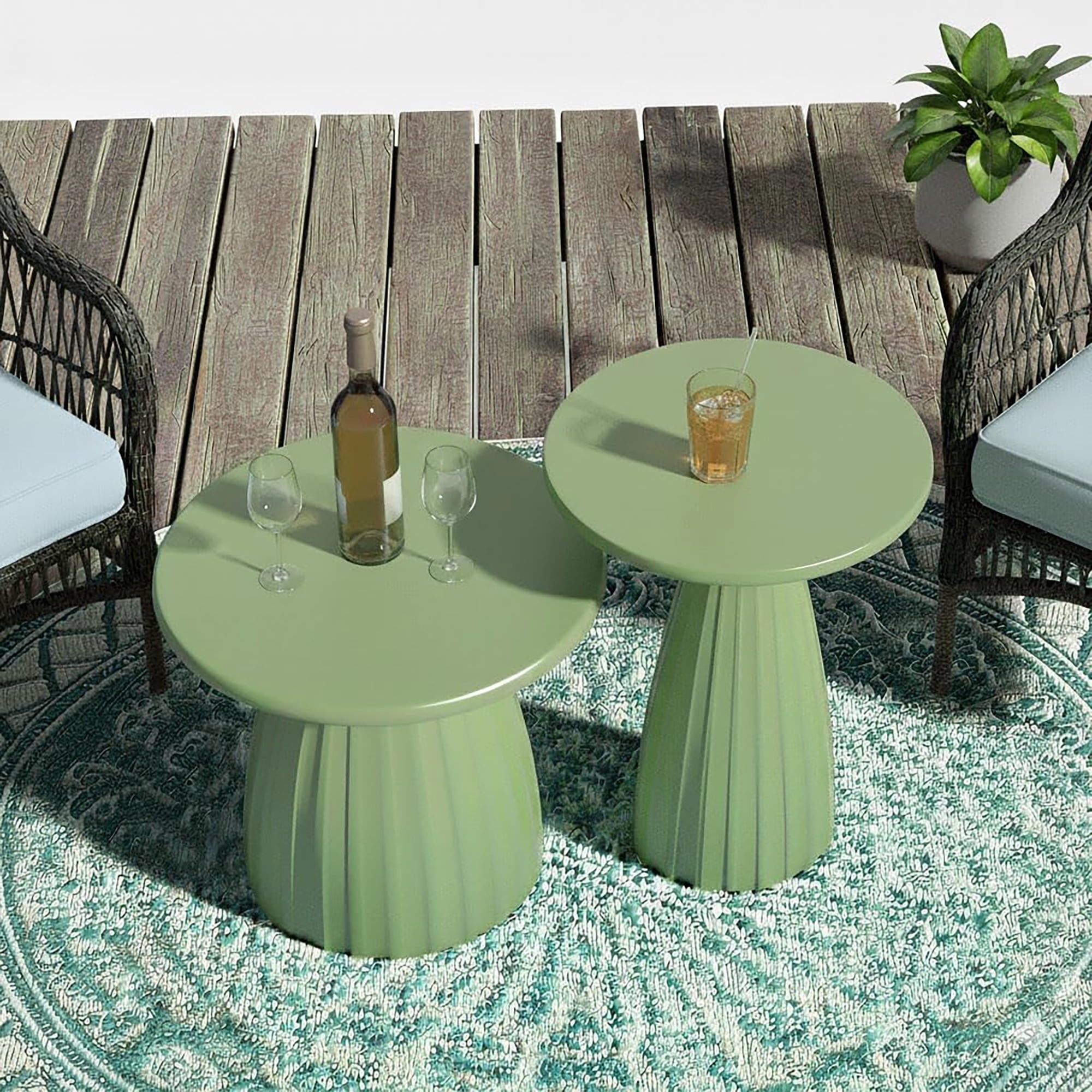 Outdoor Side Tables Set of 2, Small Round End Table, Weather Resistant Metal Steel Side Table for Patio Yard Balcony Garden Bedside, No Assembly, Green