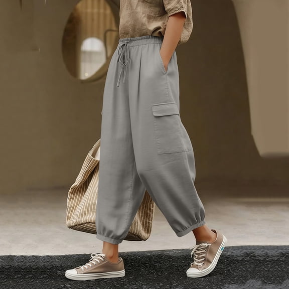 Xdegoge Linen Harem Cargo Pants for Women Elastic Waist Drawstring Joggers Lightweight Tapered Trousers Cuffed Hem Boho Hippie Style Bottoms