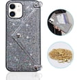 thumbnail image 2 of for iPhone 11 Bling Case, Glitter Diamond Sequins Case Small Credit Card Cash Holder Wallet Case with Shiny Crossbody Chain Hard PC Back Protective Girly Stand Case Black, 2 of 14