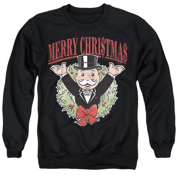 Monopoly Man Merry Christmas Unisex Adult Crewneck Sweatshirt, Black, Small