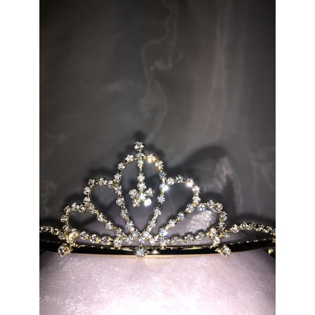 Charmed Gold Crown Rhinestone Tiara with Floral Dangling in the middle; Sweet 15/16 Quinceanera Birthday Wedding