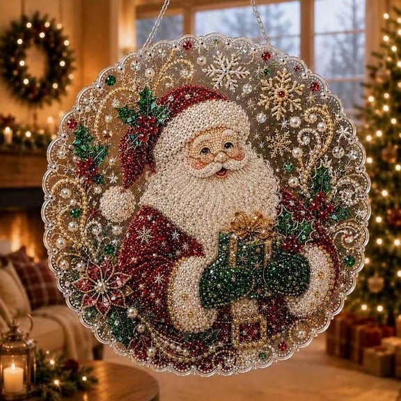 Fountwell Christmas Diamond Painting Suncatcher Kit 8in Double Sided Pearl Bead Craft Gift for Adults