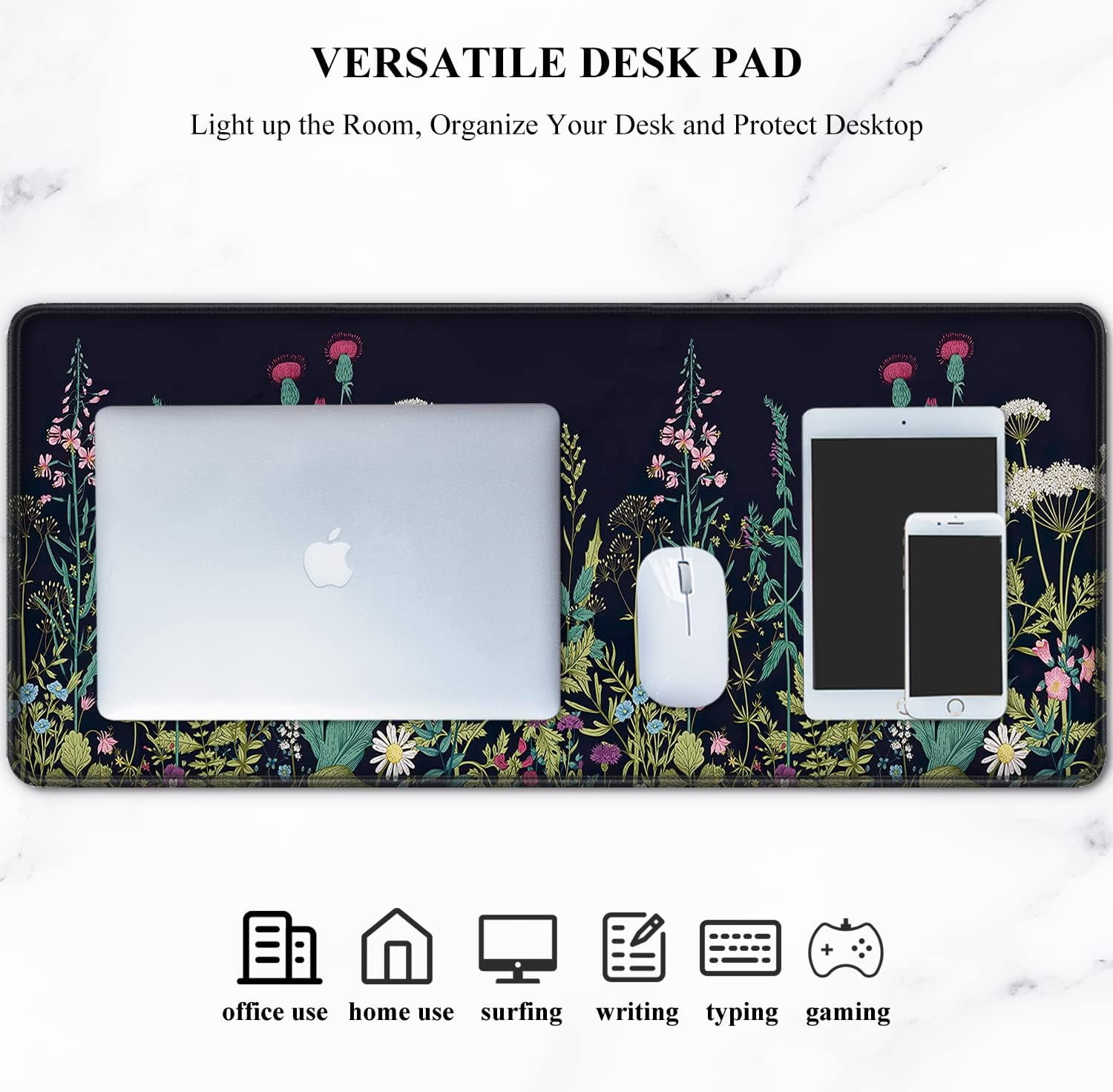 Desk Pad, XL Extended Large Gaming Mouse Pad 31.5 x 11.8 Inch, Waterproof Mousepad with Stitched Edges, Non-Slip Computer Keyboard Laptop Mat for Women Men Office Work, Silent Night Flowers