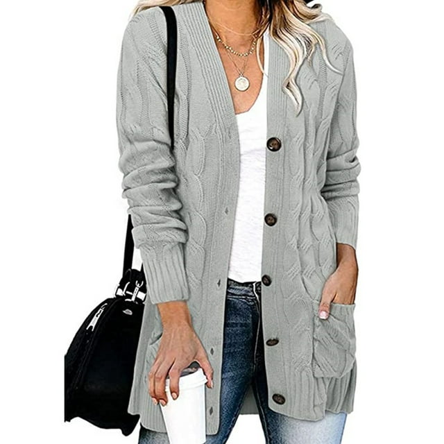 Fashnice Ladies Outwear Open Front Coat Long Sleeve Cardigan Sweater Loose Work Jacket Shallow Gray 3XL