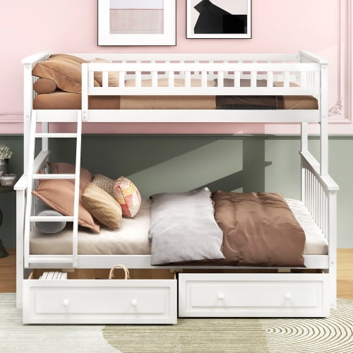 Twin over Full Bunk Bed with Storage Drawers, Convertible to Two Separate Beds, Space Saving Wooden Bunk Bed with Guardrails for Teens, Guest Room, White