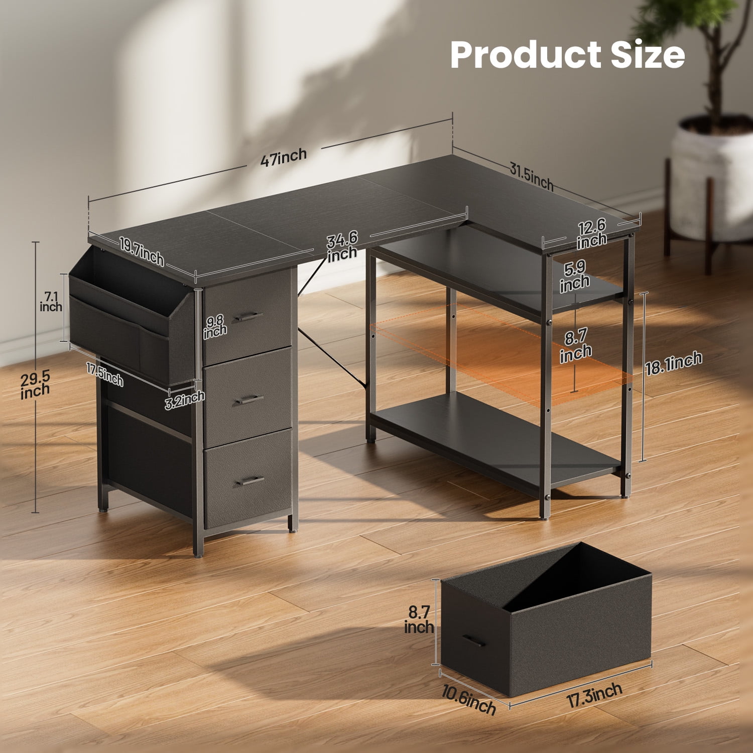 HLDIRECT L Shaped Computer Desk with Drawers & Storage Shelves, 47 inch Corner Desk for Home Office and Bedroom, Black