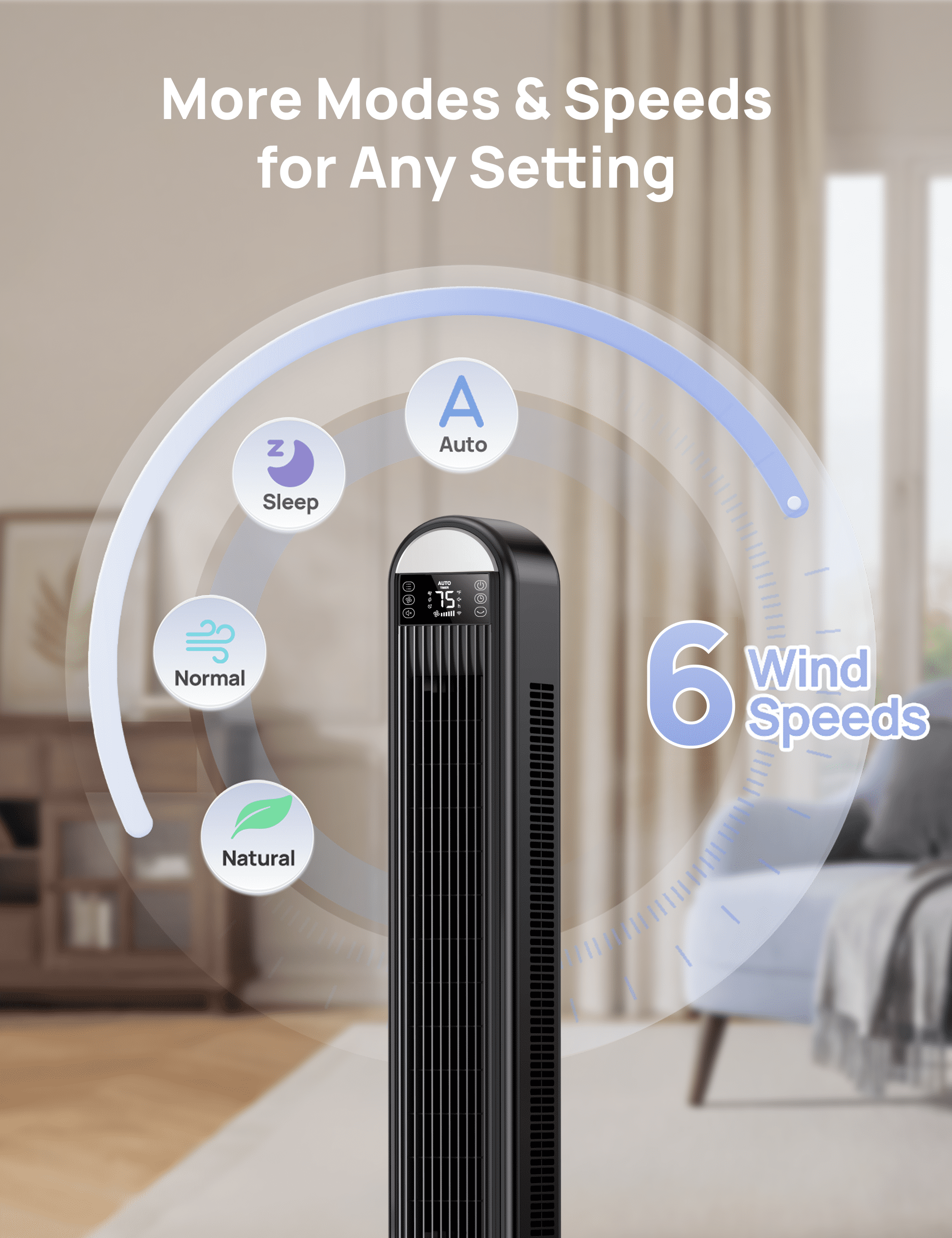 DREO 42" Smart Tower Fan for Home, Standing Bladeless Fan with WiFi Voice Control, 90° Oscillating Fan with LED Display, 12H Timer, 6 Speeds 4 Modes, 25ft/s High Velocity, Ultra Quiet Bedroom Fa