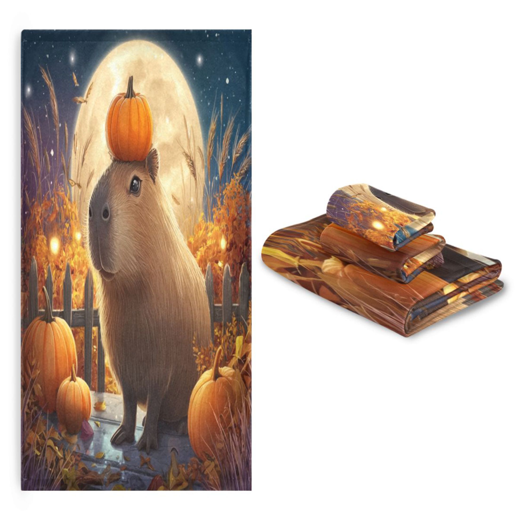 3 Piece Bath Towels Set Bath Towel, Hand Towel and Face Towel for Bathroom, Gym, Hotel Capybara with Pumpkins and Leaves