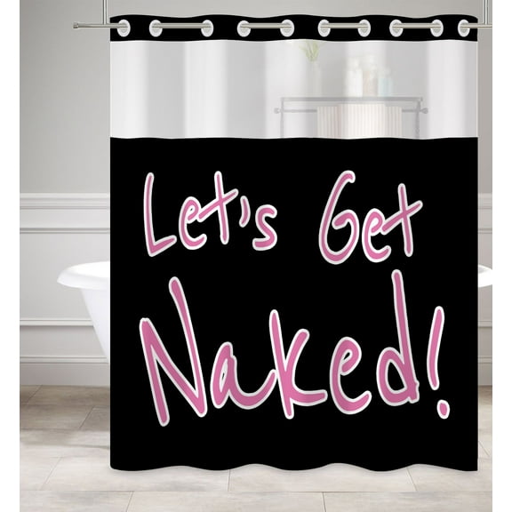 MIZHONA Let's Get Naked No Hooks Shower Curtains with Snap in Liner Black Fabric Bathroom Curtain,71"× 74"