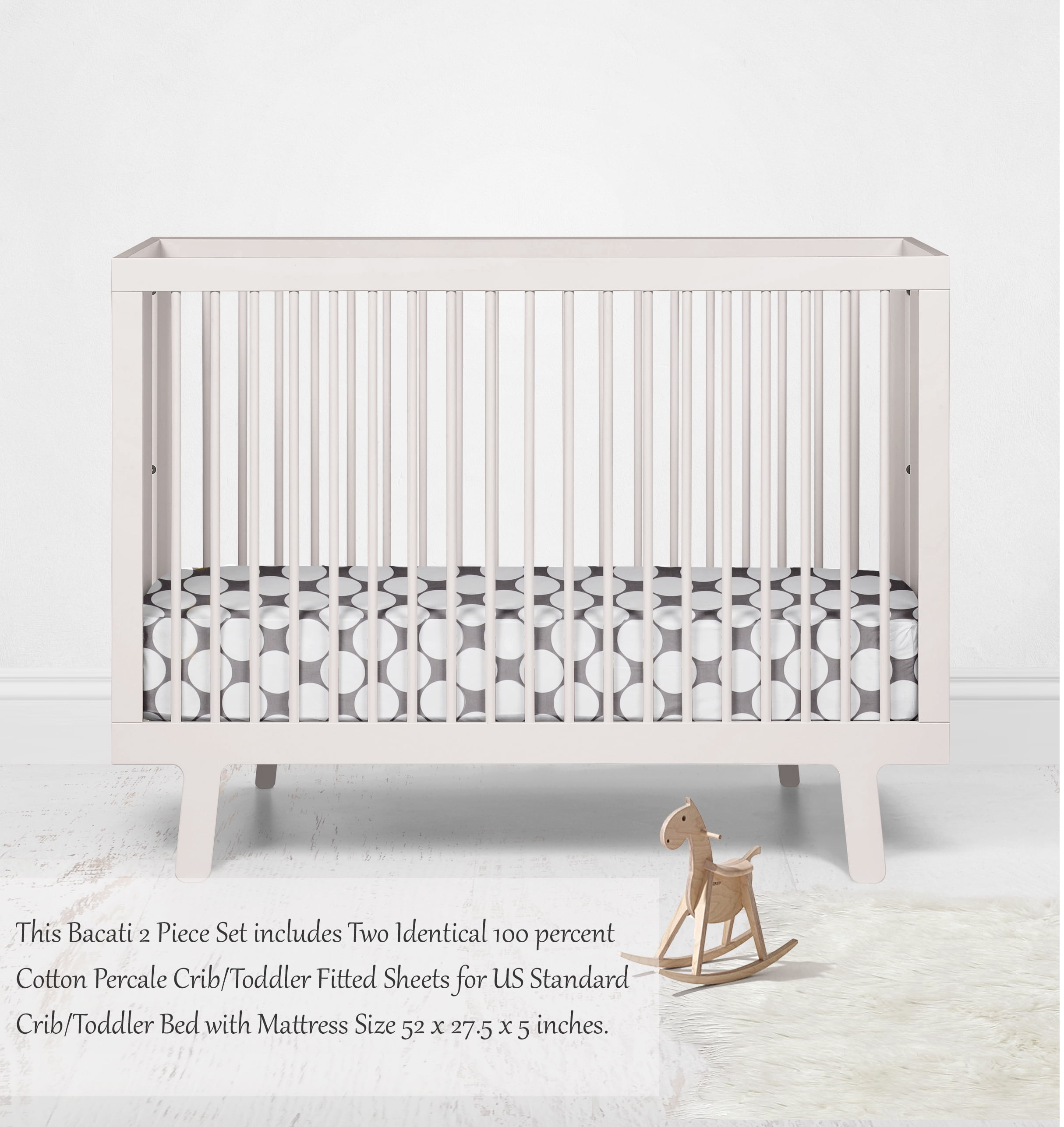 Bacati - MixNMatch Large Dots Crib/Toddler Bed Fitted Sheets 100% Cotton Percale, Grey, 2-Pack