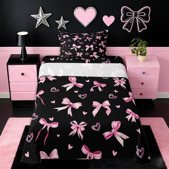 Erosebridal Pink Coquette Bowknot Twin Sheet Sets For Bow Lovers,Cute Loves Print Kids Bedding 3-Piece