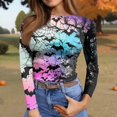 thumbnail image 4 of Satingcolo Womens Halloween Long Sleeve Crewneck Shirts Fall Trendy Funny Pumpkin Bats Skull Graphic Slim Basic Tops Blue M, 4 of 6
