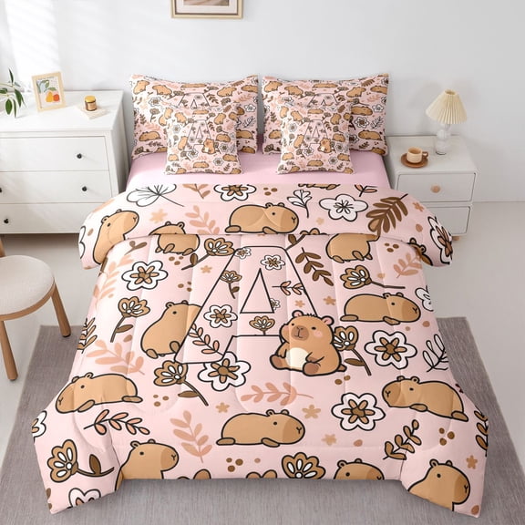 Manfei Kawaii Capybara 7-Piece Twin Bedding,Pretty Letter A Bedding Comforter Set,Pink,Pink Reversible