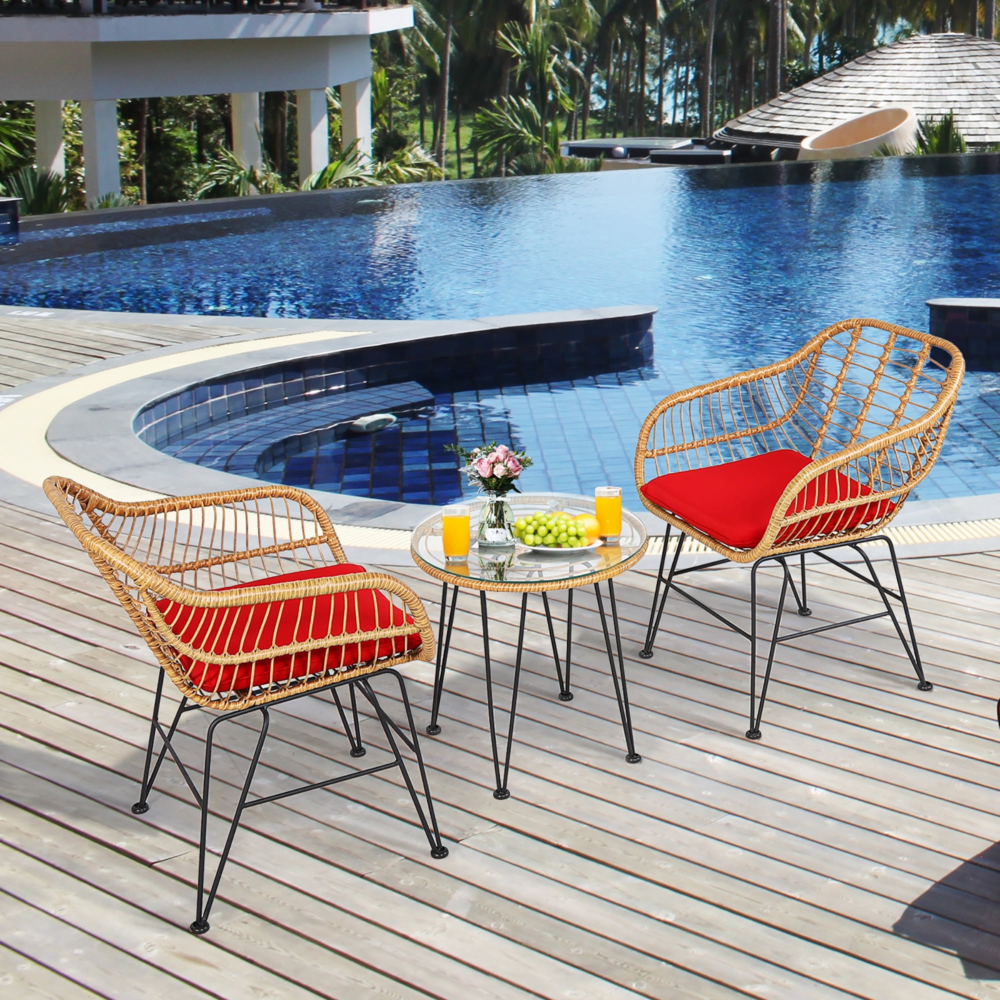 Costway 3PCS Patio Rattan Bistro Furniture Set Cushioned Chair Table Red