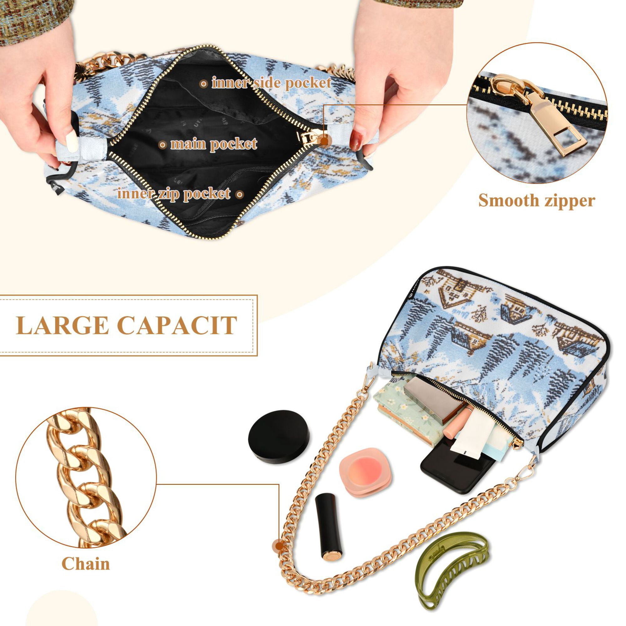FORMRS Womens Shoulder Bag with Chain Strap Clutch Purse Cute Tote Handbag, Winter Village