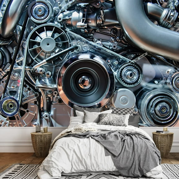 wall26 - Car Engine, Concept of Modern Automobile Motor with Metal, Chrome, Plastic Parts - Removable Wall Mural | Self-Adhesive Large Wallpaper - 66x96 inches