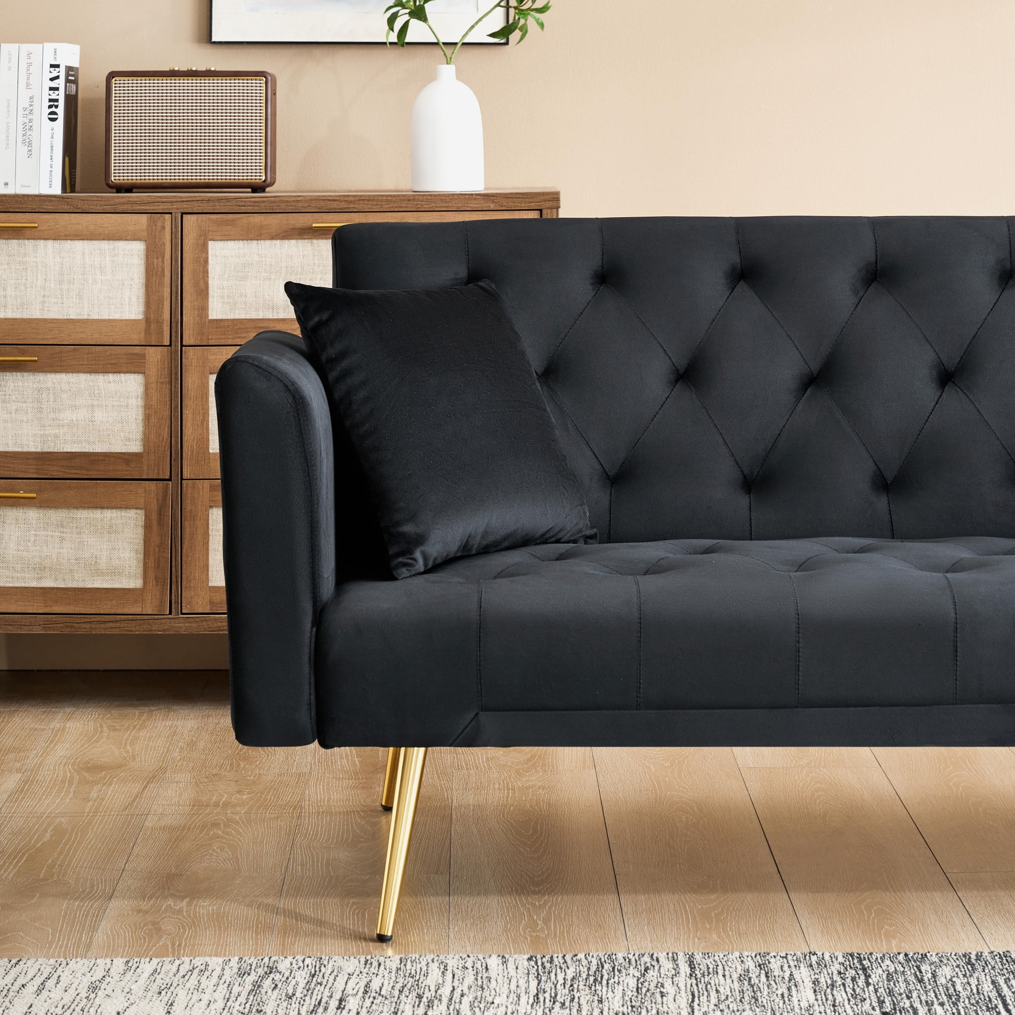 Jopath Velvet Futon Sofa Bed,Convertible Sleeper Couchwith Adjustable Backres & 2 Pillows for Small Spaces,Living Room,Black03