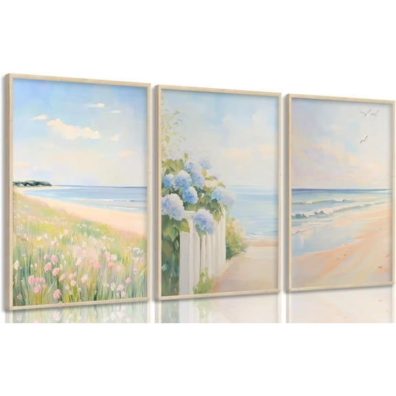 Pastel Coastal Wall Art Pink Beach Shell Pictures White sailboat Wall Decor Ocean Wildflowers Posters Summer Beachy Preppy Painting Print Artwork for Beach House Bedroom