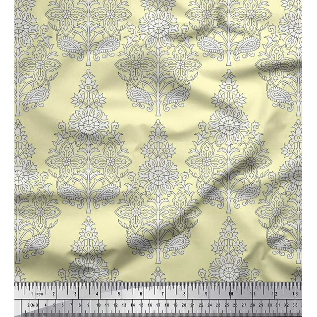 Soimoi Poly Georgette Fabric Leaves & Floral Block Printed Fabric 1 Yard 52 Inch Wide