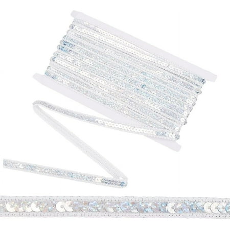 White Sequin Bead Fabric Ribbon Trim Flat Bling Metallic Glitter Gimp Lace Sequins Beaded Polyester Strip Bulk Roll for Sewing Making Crafts Gift Wrapping Clothes Dresses Wedding DIY