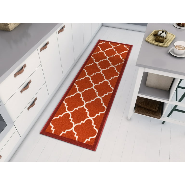 Well Woven Non-Skid Slip Rubber Back Antibacterial 3x5 (3'3 x 4'7) Door  Mat Rug Dallas Moroccan Trellis Rust Red Modern Geometric Lattice Thin Low