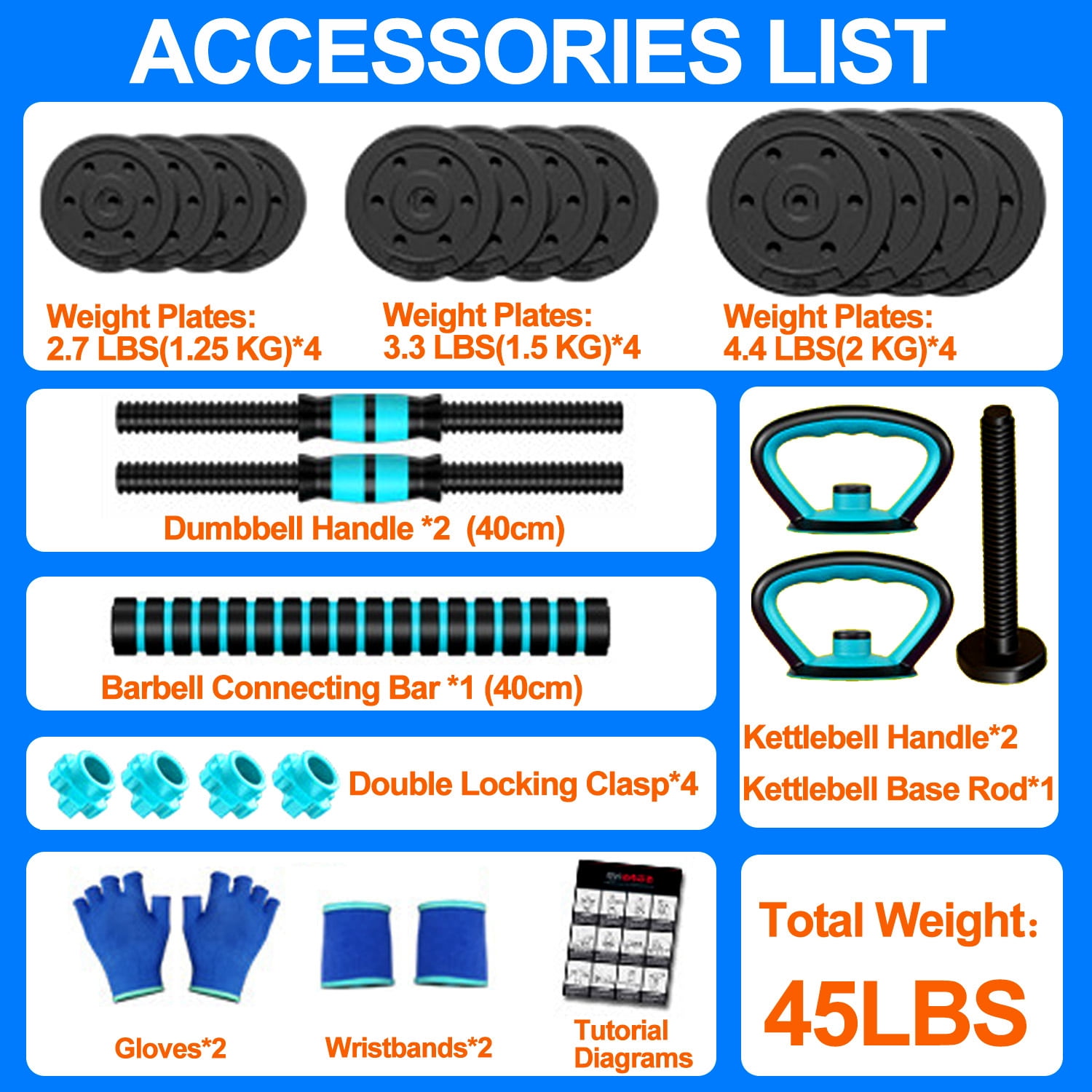 Adjustable Dumbbells, Portable Changeable Dumbbell, Kettlebells, Push up Stand and Barbell Set with Adjustable Weights Dumbbells-45LBS