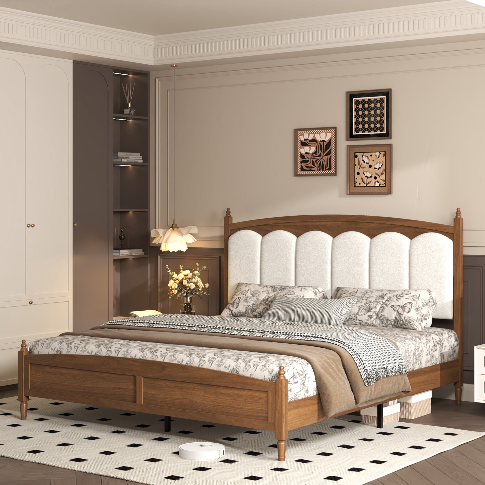 BSHTI King Size Platform Bed with Fabric Upholstered Headboard – Farmhouse Style Brown Engineered Wood – No Box Spring Needed, Noise-Free, Easy Assembly for Bedroom(Brown)