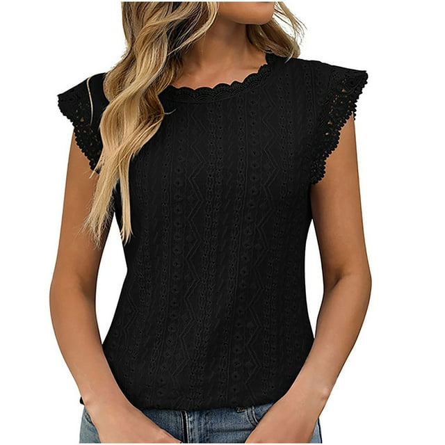 Timegard Camisole à Oeillets pour Femmes, Manches Courtes en Dentelle, Col Rond, T-Shirt d'Été Chic Décontracté, Tunique Confortable