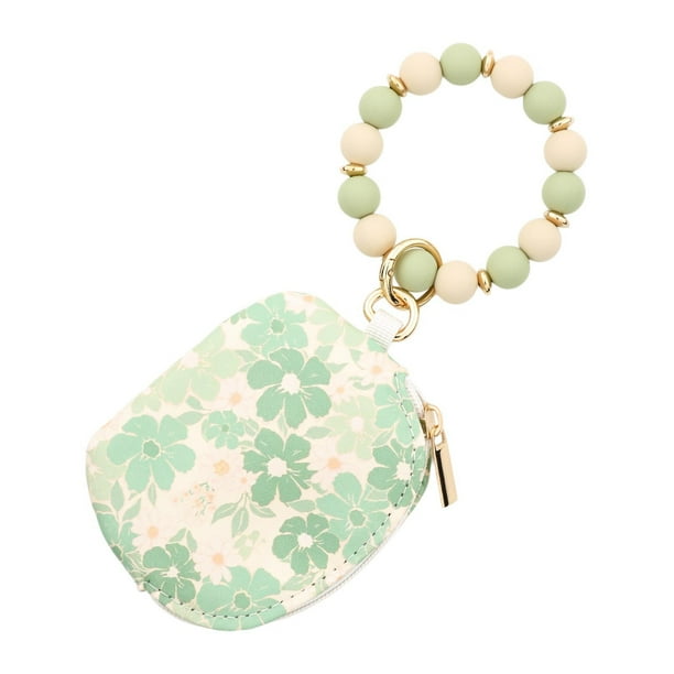 Mom's Best Cartera para mujer, llavero estilo bohemio, cartera con flores, llavero con cuentas verdes y blancas, tarjetero de silicona, monedero, pulsera con cuentas doradas.