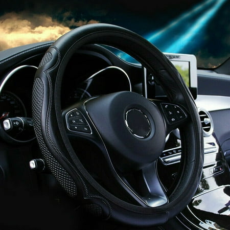Leather Steering Wheel Cover Anti-Slip Black 14.5,15 inches Elastic Universal Fit for Cars,SUV,Truck