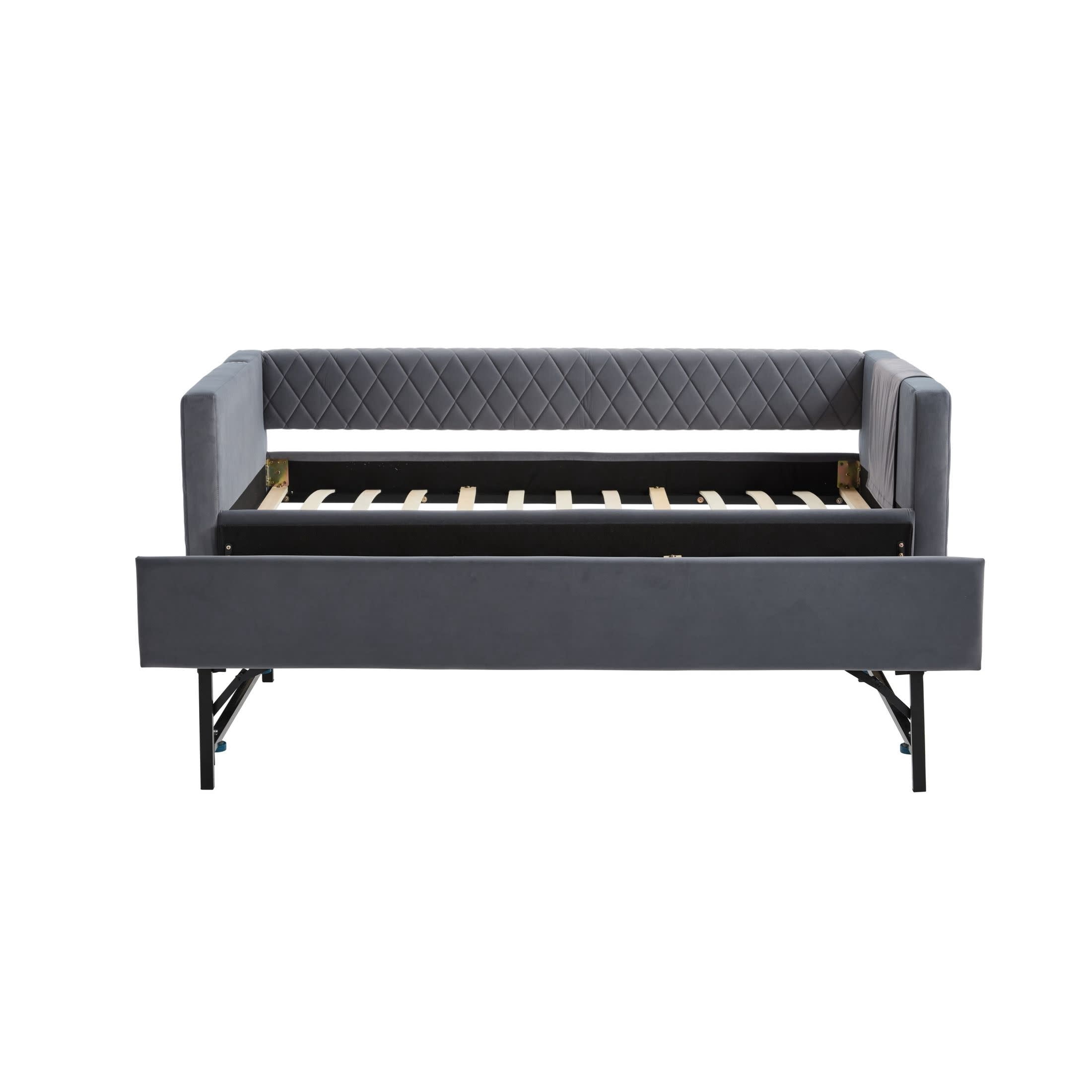 Noble House Velvet Daybed with Trundle, Wooden Frame and Diamond Grid Upholstery, Modern Living Room, Gray