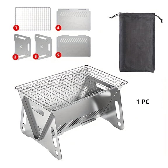 Portable Folding Charcoal Camping Grill - Stainless Steel Compact BBQ Grill, Lightweight & Durable, Ideal for Outdoor Camping, Backyard Picnics, and Indoor/Outdoor Use