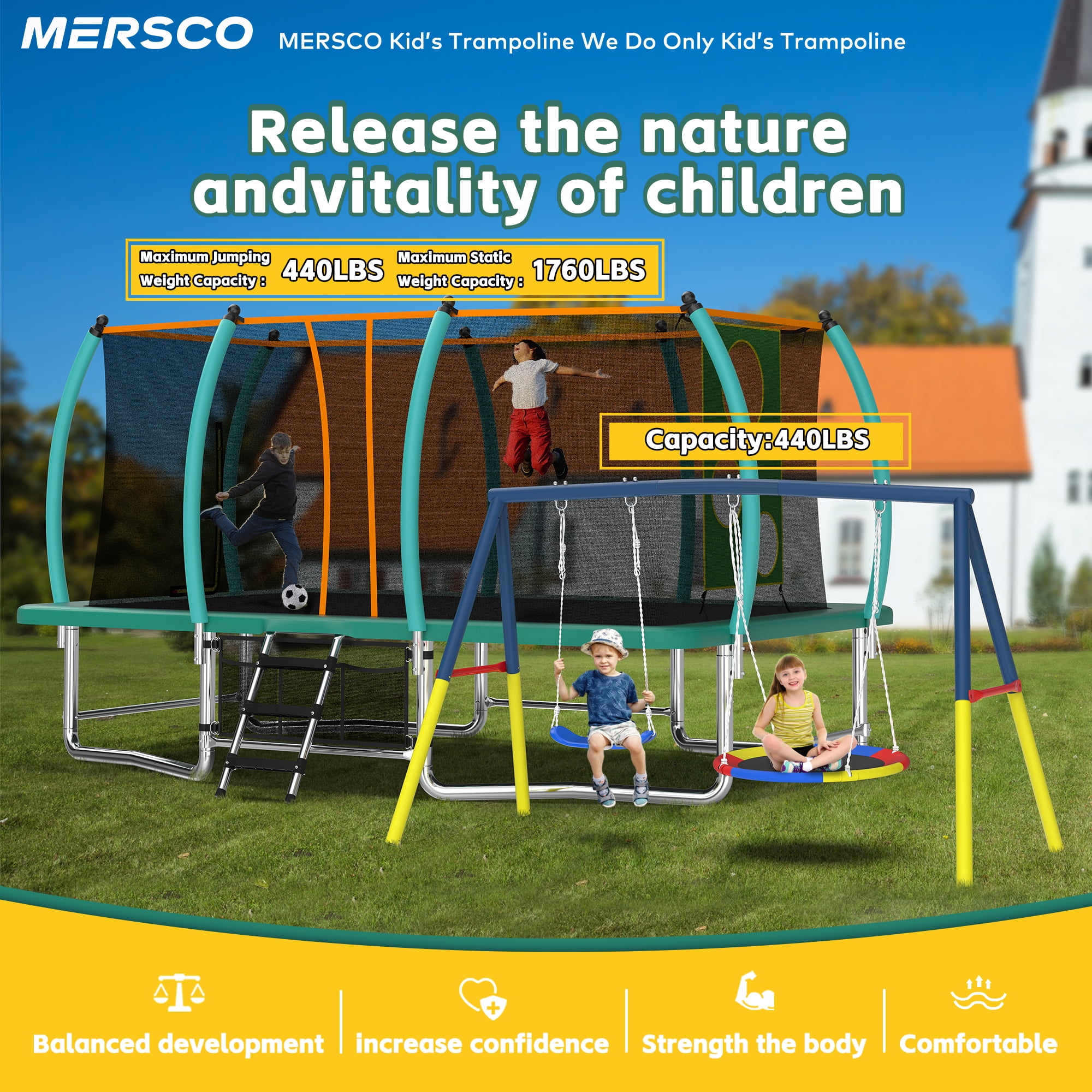 Mersco 8x14FT 4-in-1 Trampoline with Swing Set , Enclosure Net, Recreational Trampoline, Outdoor Kids Trampoline for Backyard, Beach, Birthday Gifts,Green