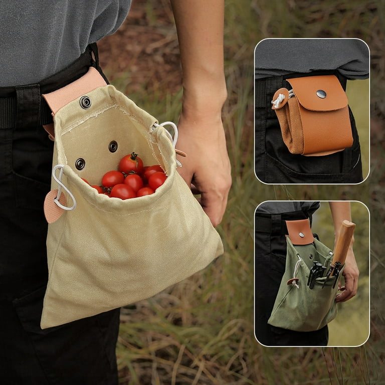 Frieyss Foraging Bag,Mushroom Foraging Bag Waxed Canvas Tinder Waterproof Small Leather Pouch Hunting Bag Fanny Pack for Dog Training Bushcraft Belt