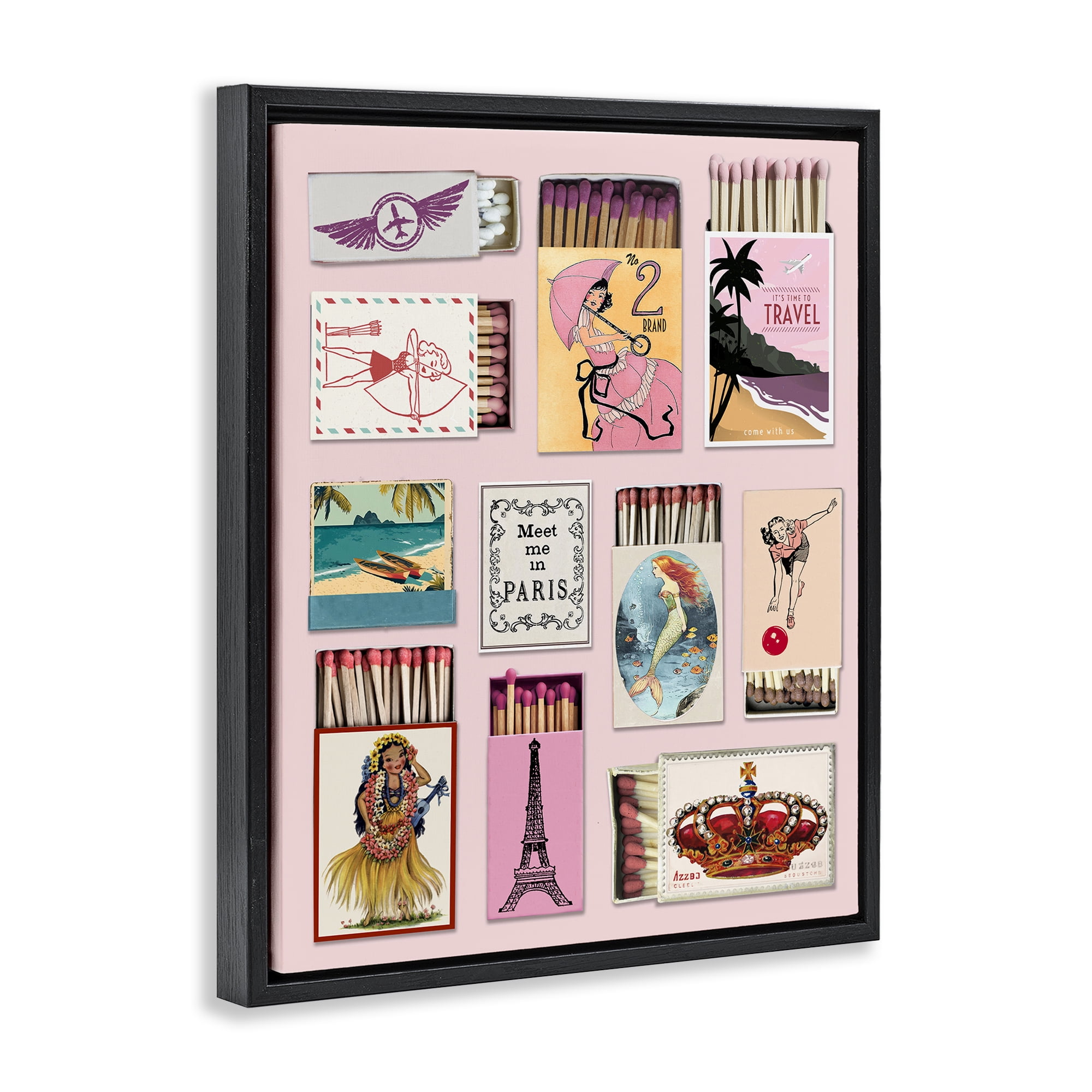 Stupell Industries Vintage Travel Matchbook Montage Black Framed Floater Canvas Wall Art, design by CAD Designs